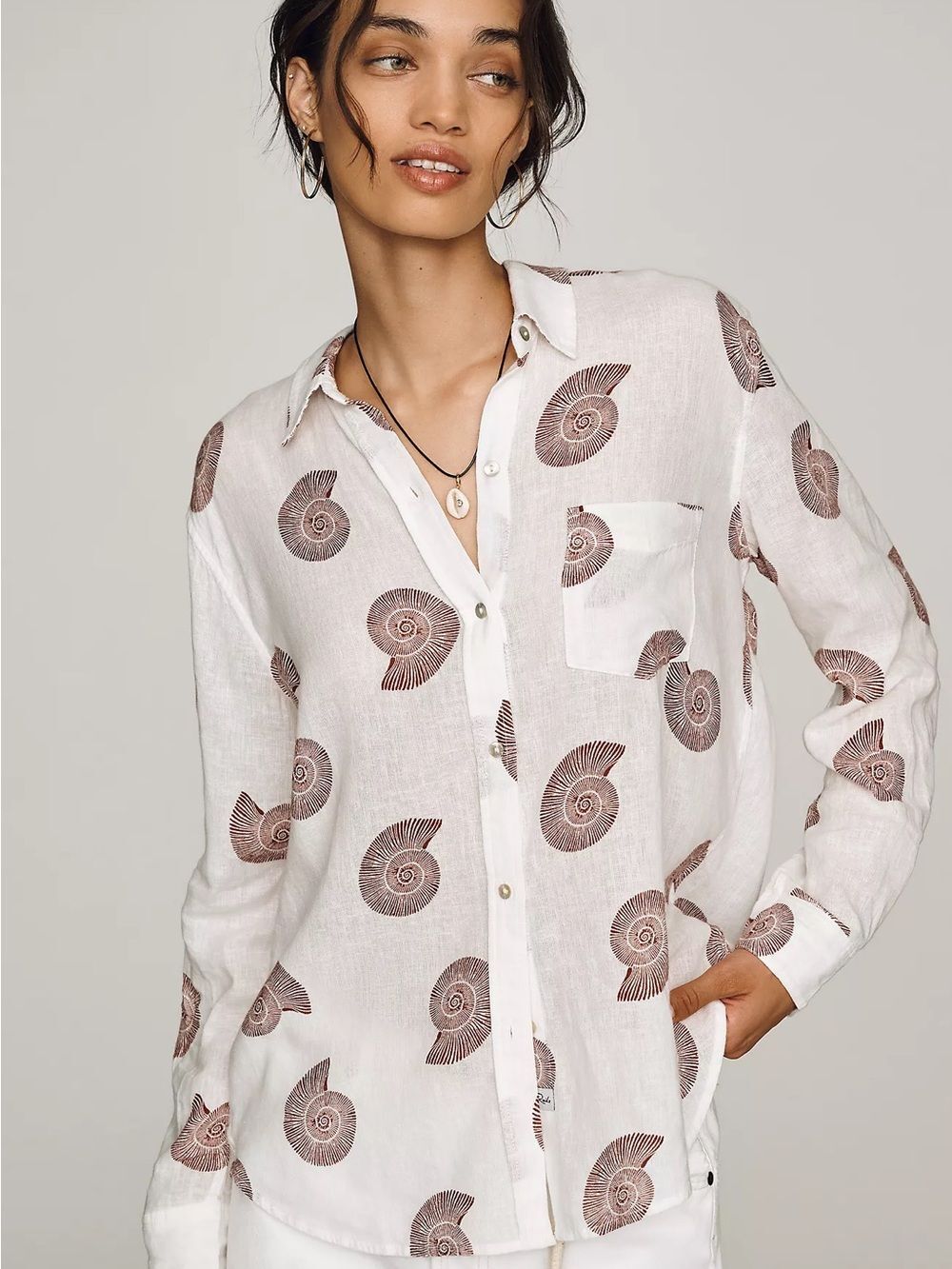 Rails Charli Spiral Shells Linen Blend Button Up Shirt Large White Red